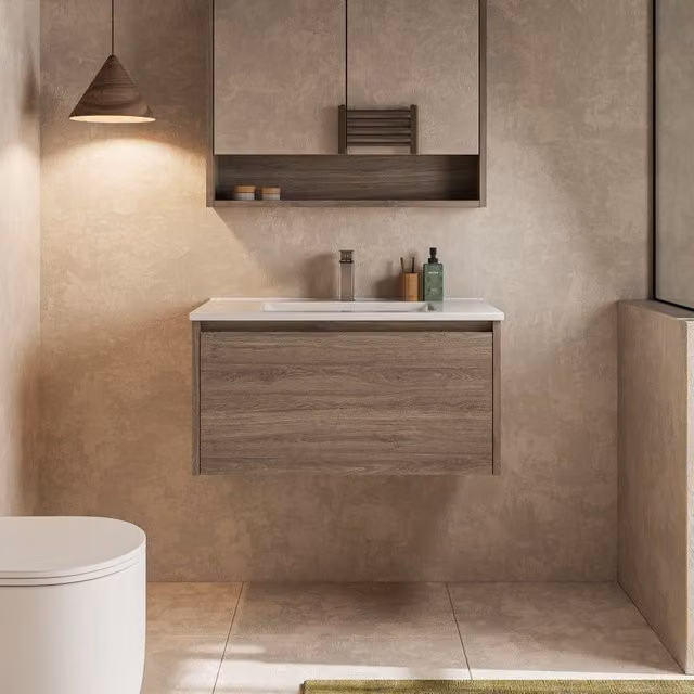 Banyetti Mino 800mm Wall Hung Vanity Unit with Lira Basin in Nebraska Oak Brown
