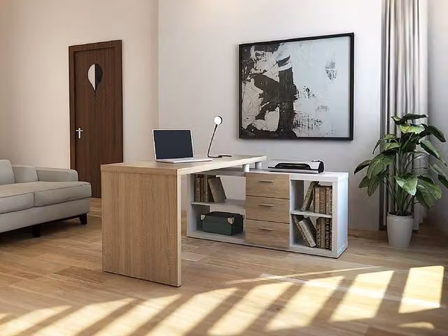 Vente-unique ALDRIC III Corner Desk with Storage in White and Light Oak, W: 140 cm, D: 54 cm, H: 75 cm – 1