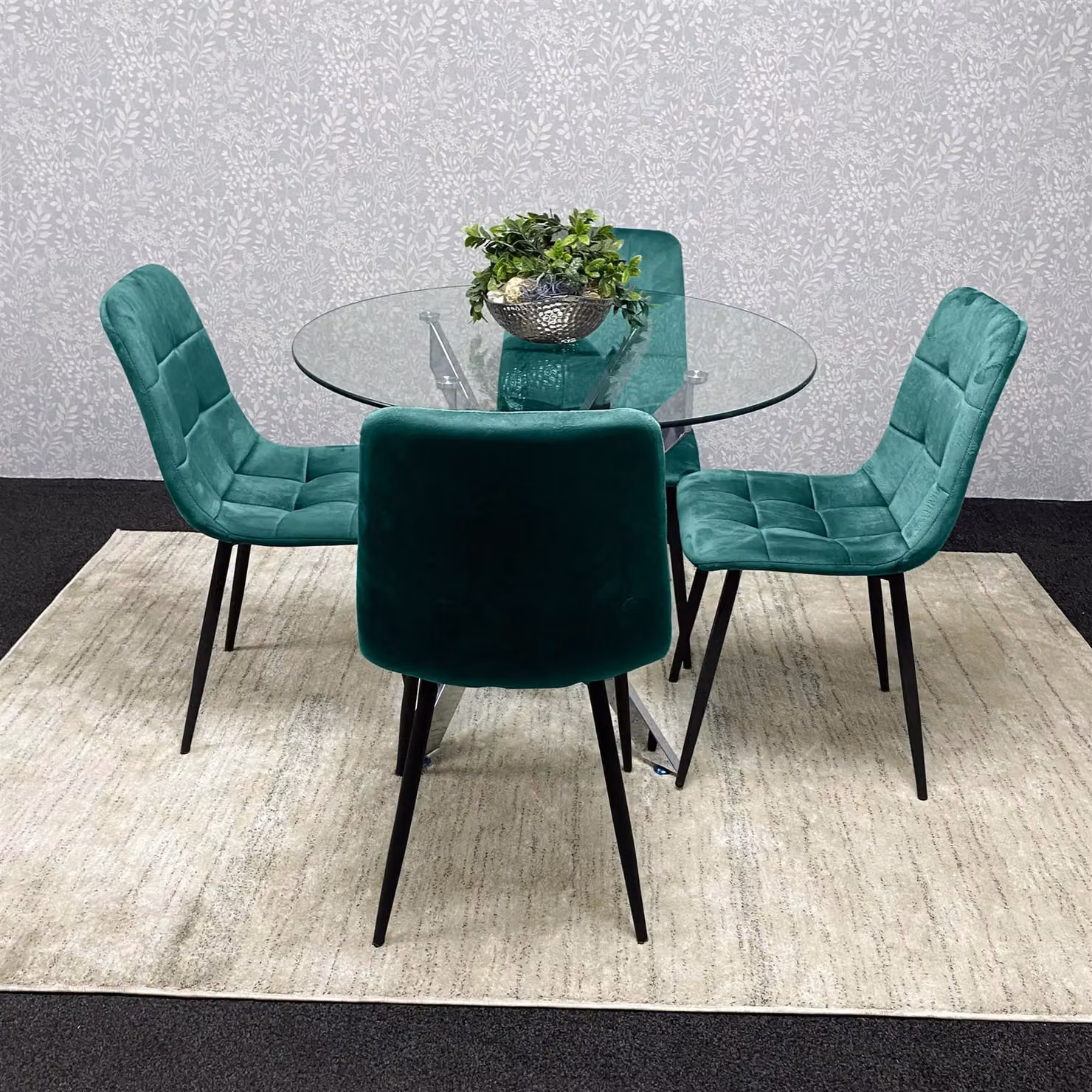 Kosy Koala Modern Round Glass Dining Table and 4 Green Velvet Chairs Set in Brown, Diameter: 90 cm, Height: 75 cm – 2