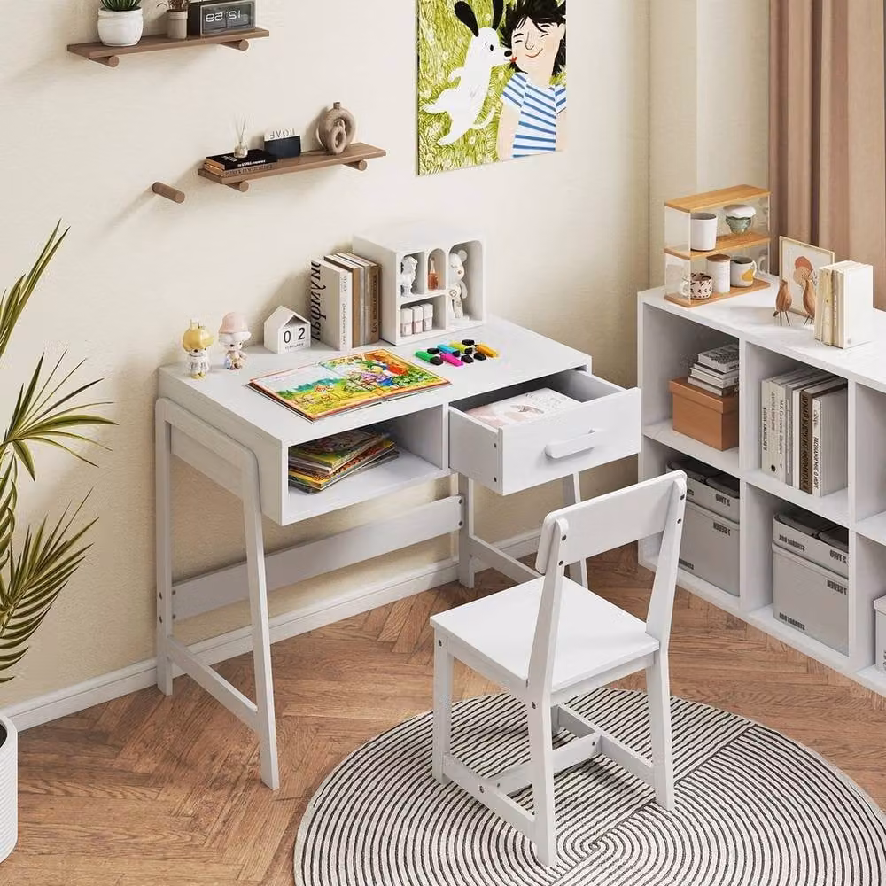 VOGREX White Wooden Kids Desk and Chair Set with Drawer – 2