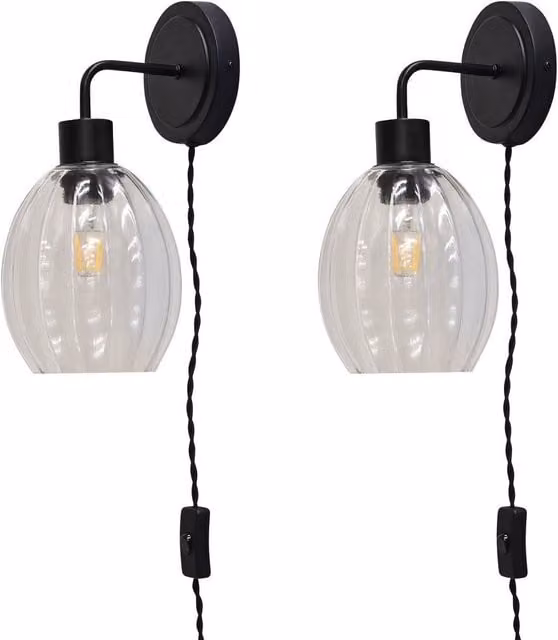 First Choice Lighting Toby Set of 2 Black Plug-in Wall Lights with Transparent Fluted Glass Shades – 1