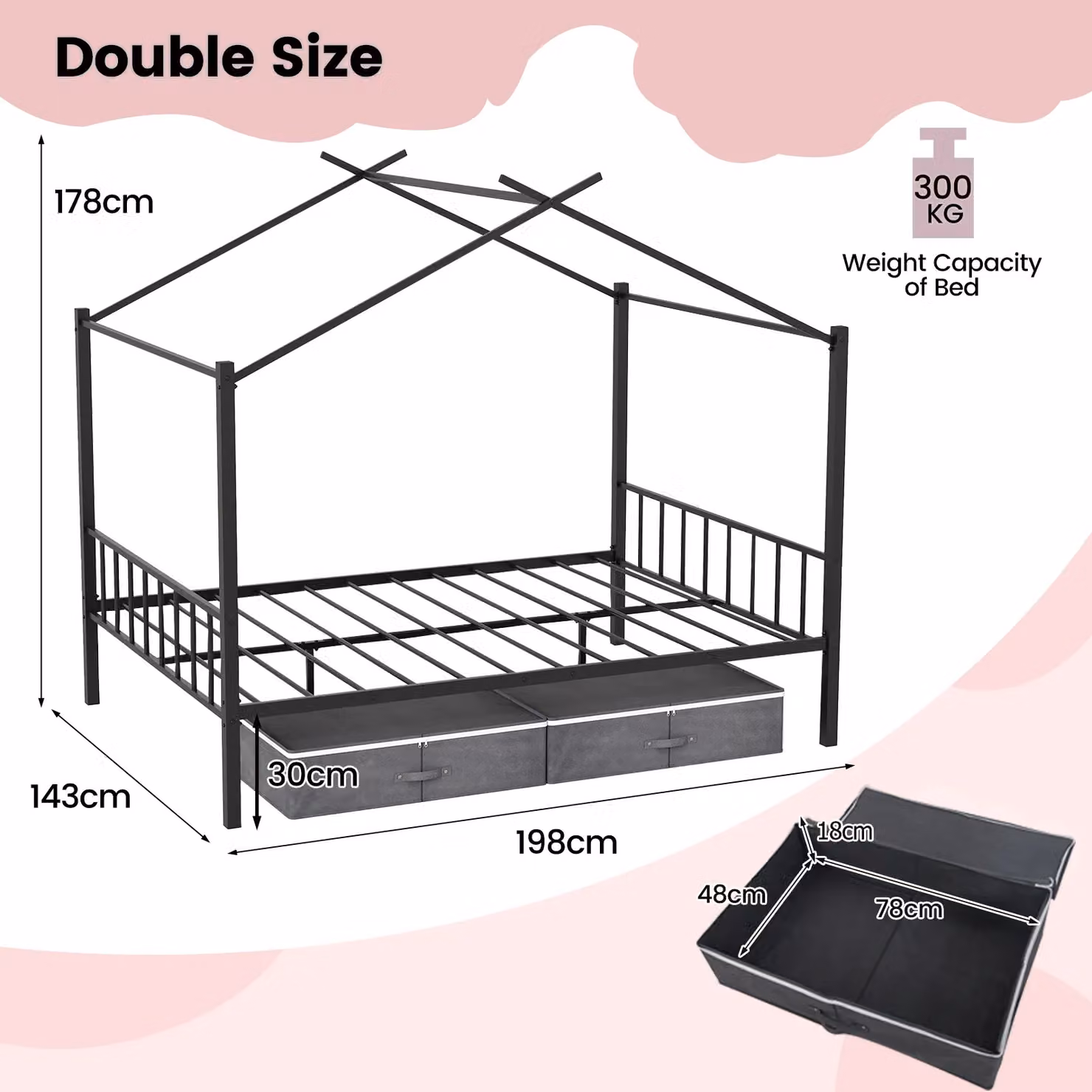Costway Double Size House Bed with 2 Drawers, Heavy-Duty Metal Platform Bed in Black, W/D/H: 140 x 200 cm – 2