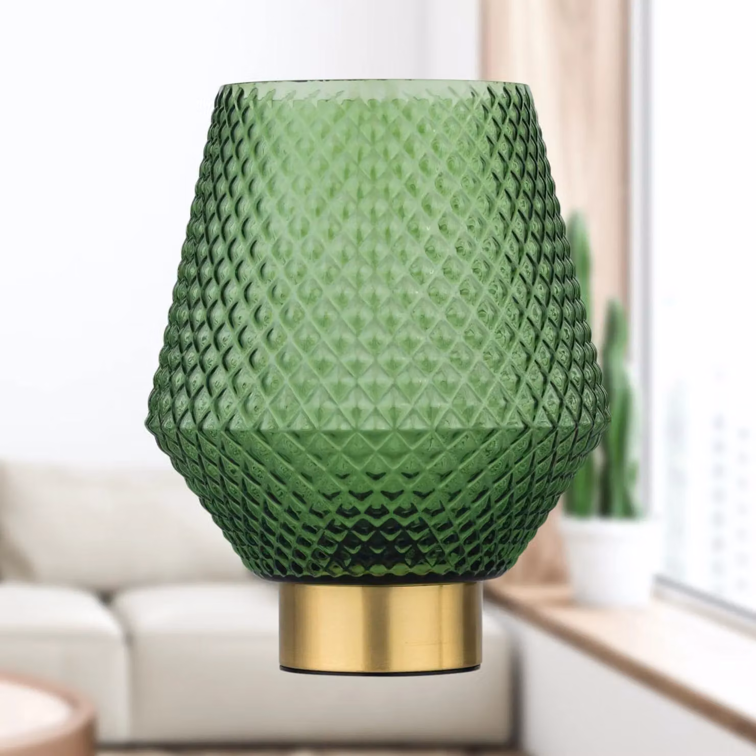 First Choice Lighting Porter Battery Operated Satin Brass Table Lamp with Green Textured Glass – 4