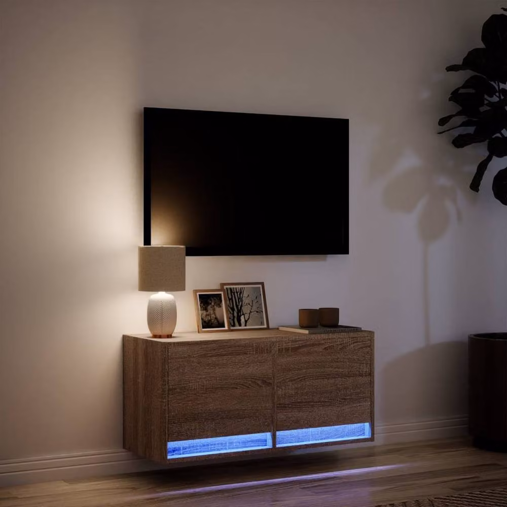 Berkfield Home Modern Wall Mounted TV Cabinet with LED Lights in Brown Oak, W/D/H: 80 x 31 x 35 cm – 4