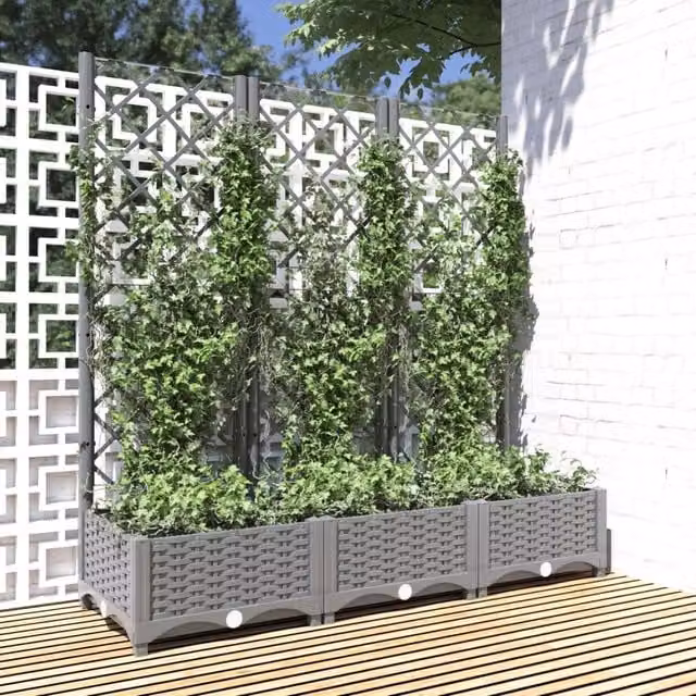 Berkfield Home Garden Planter with Trellis in Light Grey, W/D/H: 120 x 40 x 121.5 cm