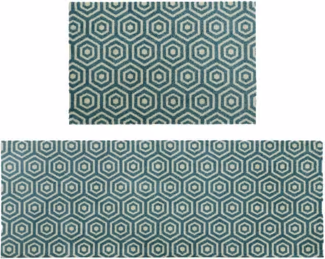 JVL Geo Hex Mega Mat and Runner Set in Petrol Teal, Non-Slip and Washable Polyamide