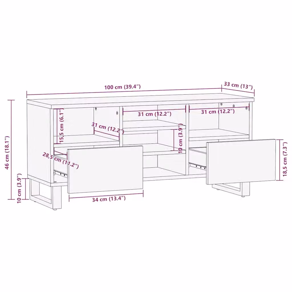 Berkfield Home Black Mango Wood TV Cabinet W/D/H: 100 x 33 x 46 cm – 6