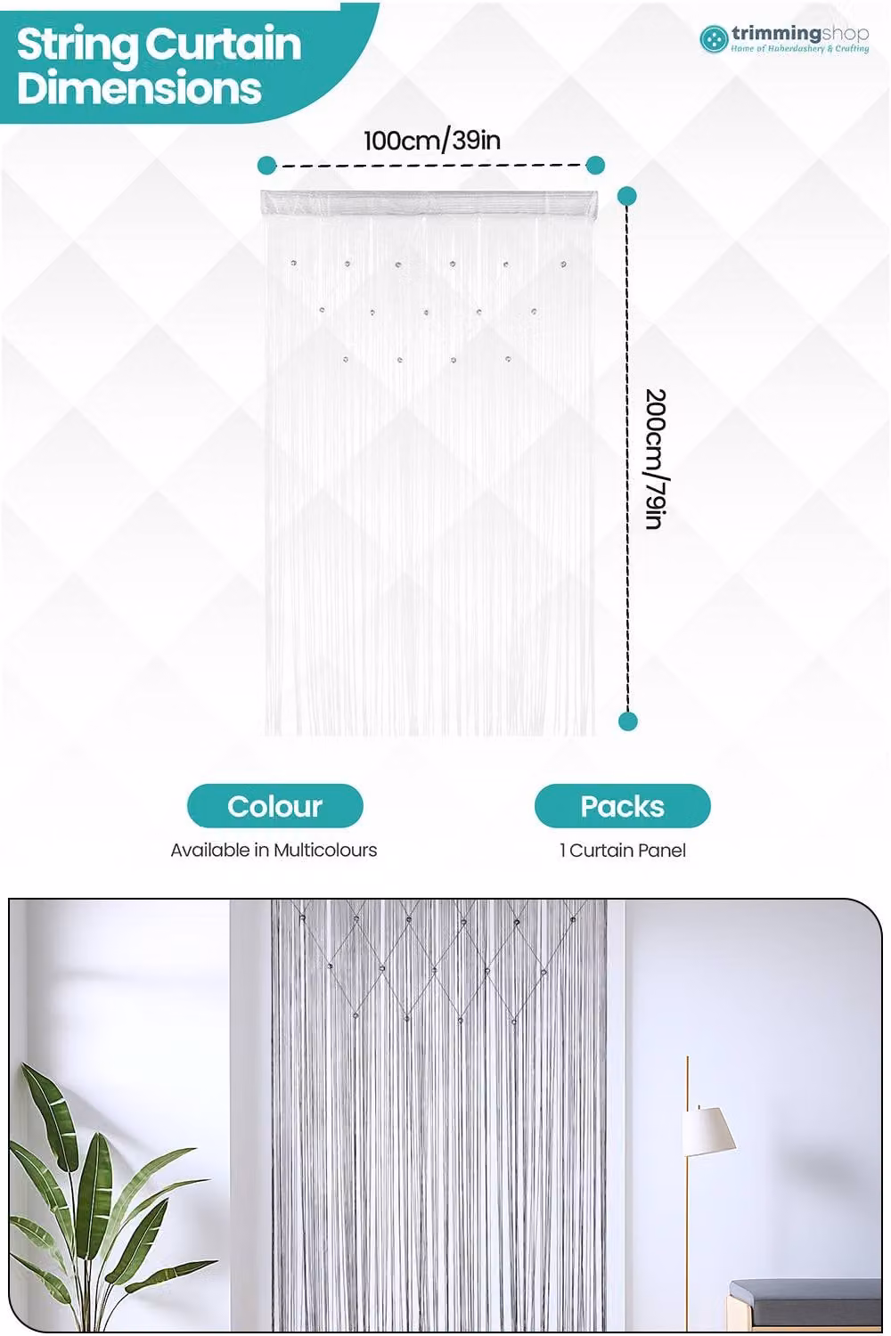 Neel Blue String Beaded Panel Curtain in Blue, Gold and White, Width: 100 cm, Height: 200 cm – 1