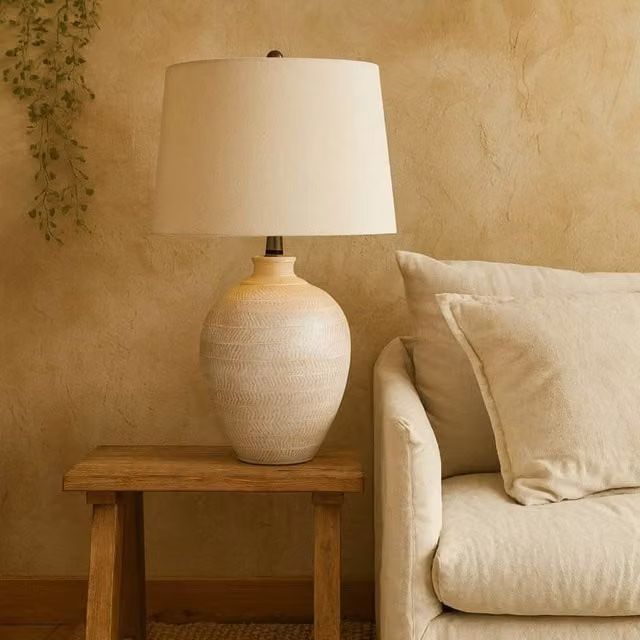 Wyld Haus Provence Cream Chevron Ceramic Table Lamp with Beige Linen Shade, H 63 cm x W 41 cm x D 41 cm