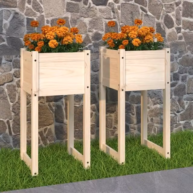 Berkfield Home Set of 2 Rustic Solid Wood Pine Planters in Brown, W/D/H: 40 x 40 x 81 cm