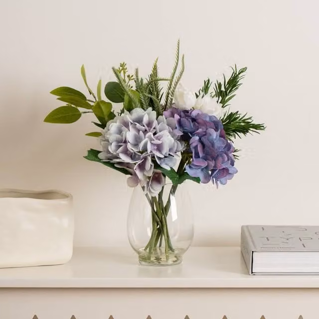 Scottish Everlastings Ltd Blue and Green Hydrangeas in a Round Glass Vase, Height: 37 cm