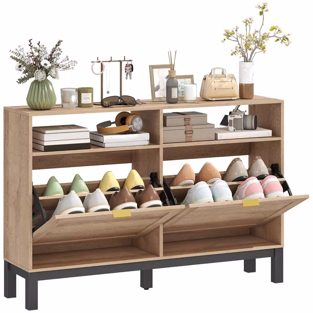 STILVORA Modern Brown Shoe Cabinet with Tilting Compartments and Open Shelves – 2