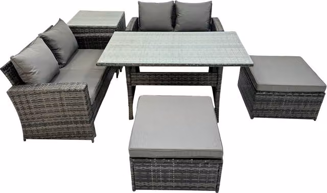 Fimous 6-Seater Modern PE Rattan Outdoor Dining Set in Dark Grey with Glass Tabletop