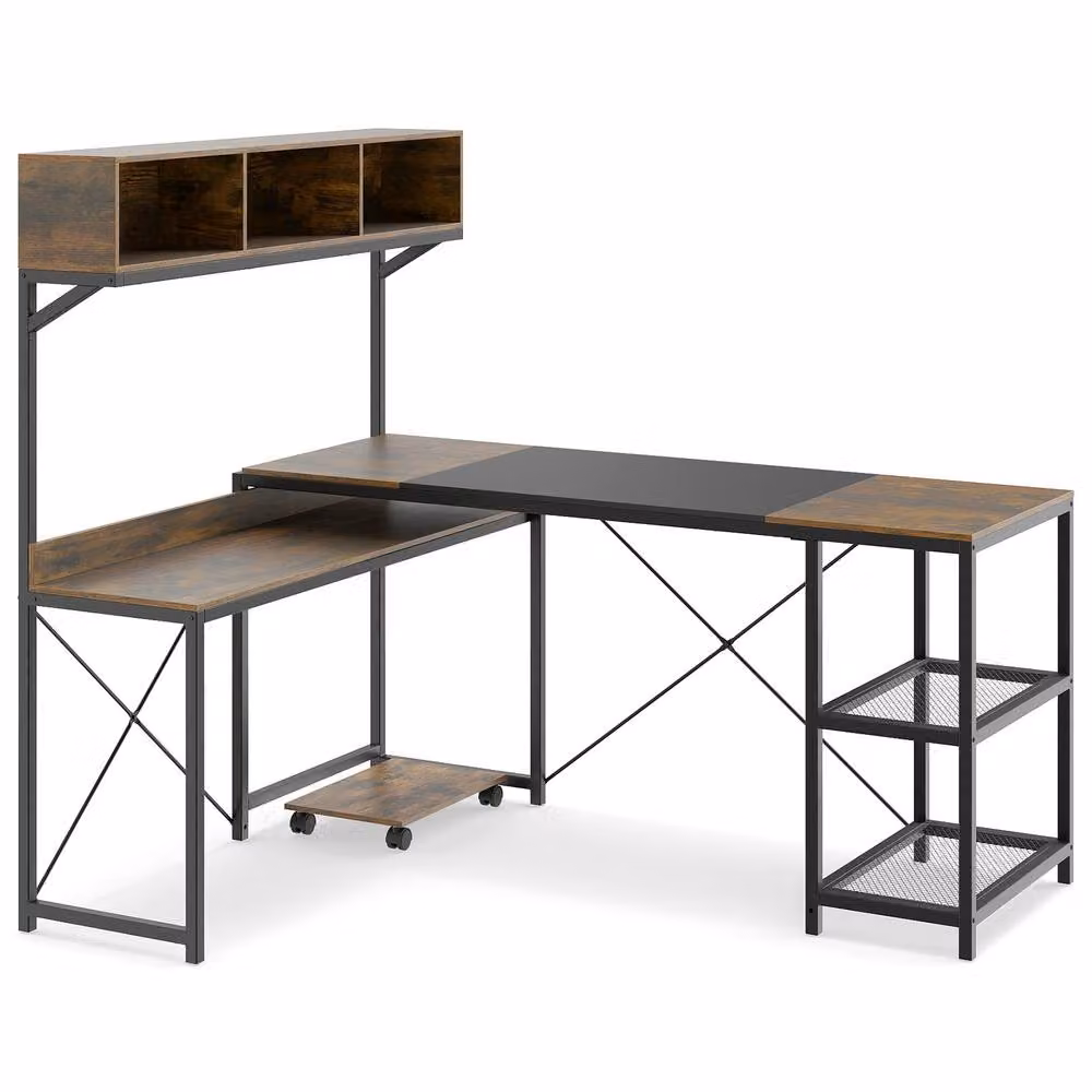 Costway L-Shaped Reversible Corner Computer Desk with Storage Hutch in Dark Brown – 7