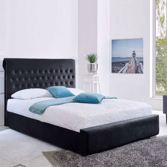 Desire Deco Berlin Modern Upholstered Bed Frame in Grey Velvet Fabric, W/D/H: 180 x 200 cm