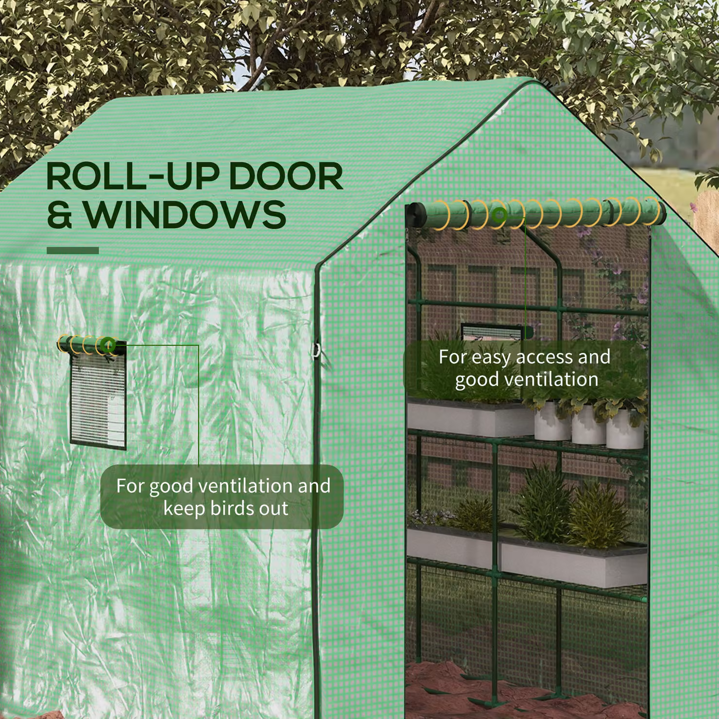 Outsunny Walk-In Greenhouse Oasis with 3 Tier Shelves, Roll-Up Door and Mesh Windows, Verdant Green, W: 140 cm, D: 213 cm, H: 190 cm – 4