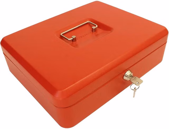 Lockable 12 Inch Metal Cash Box in Red with Handles W/D/H: 30.0 x 24.0 x 9.0 cm