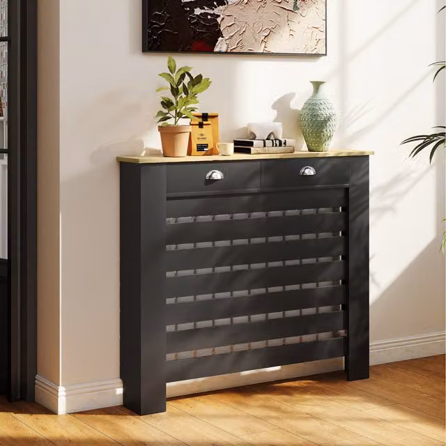 HOMCOM Radiator Cover with Drawer and Horizontal Slatted Grill, Black, Width: 111 cm