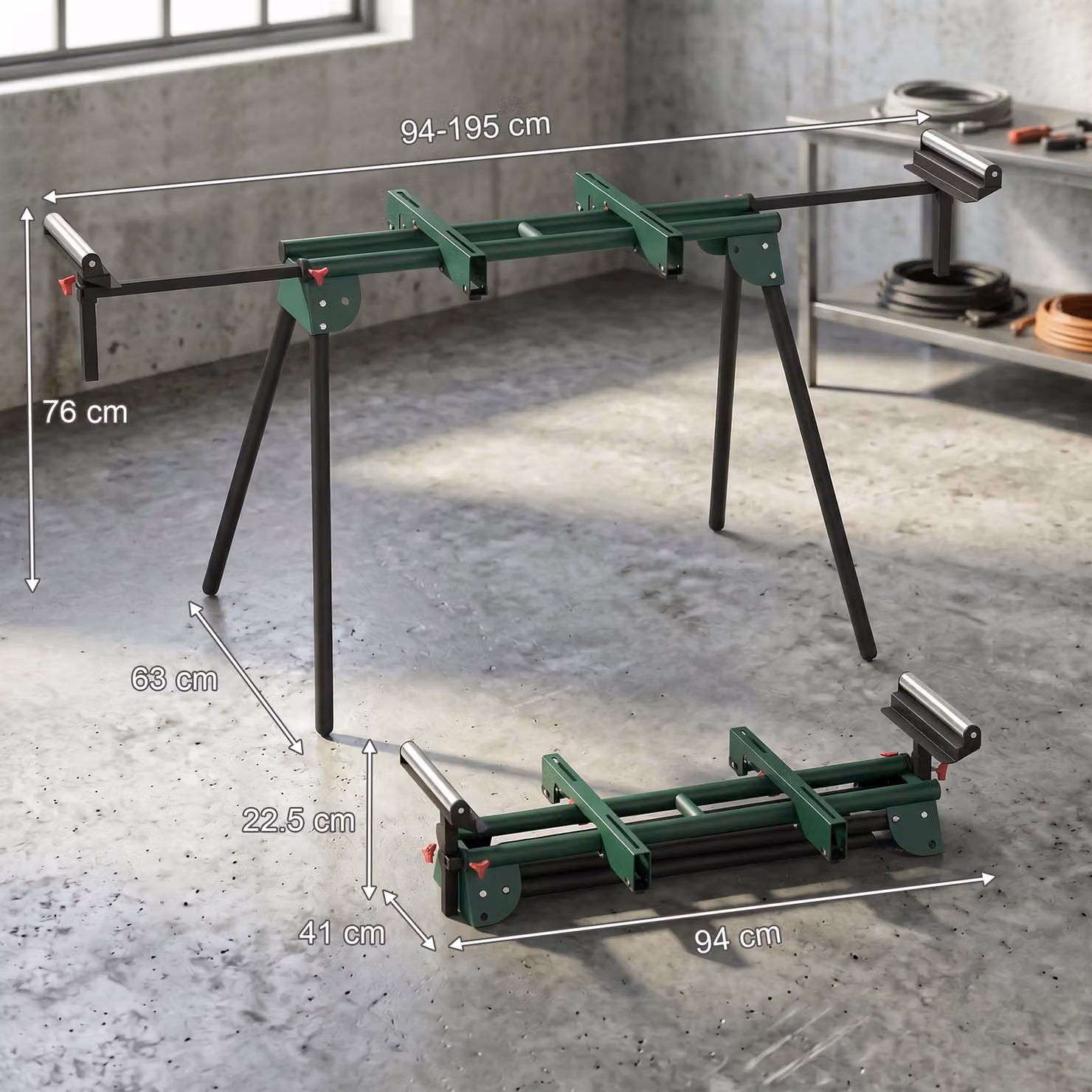 HOMCOM Universal Mitre Saw Stand with Adjustable Rollers, Support Arms and Folding Metal Legs – 3