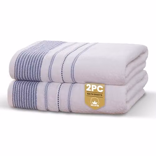 Rapport Home Dakota Stripe Cotton Bath Sheets 2 Pack in Blue and White, W/D/H: 90 x 140 cm – 2