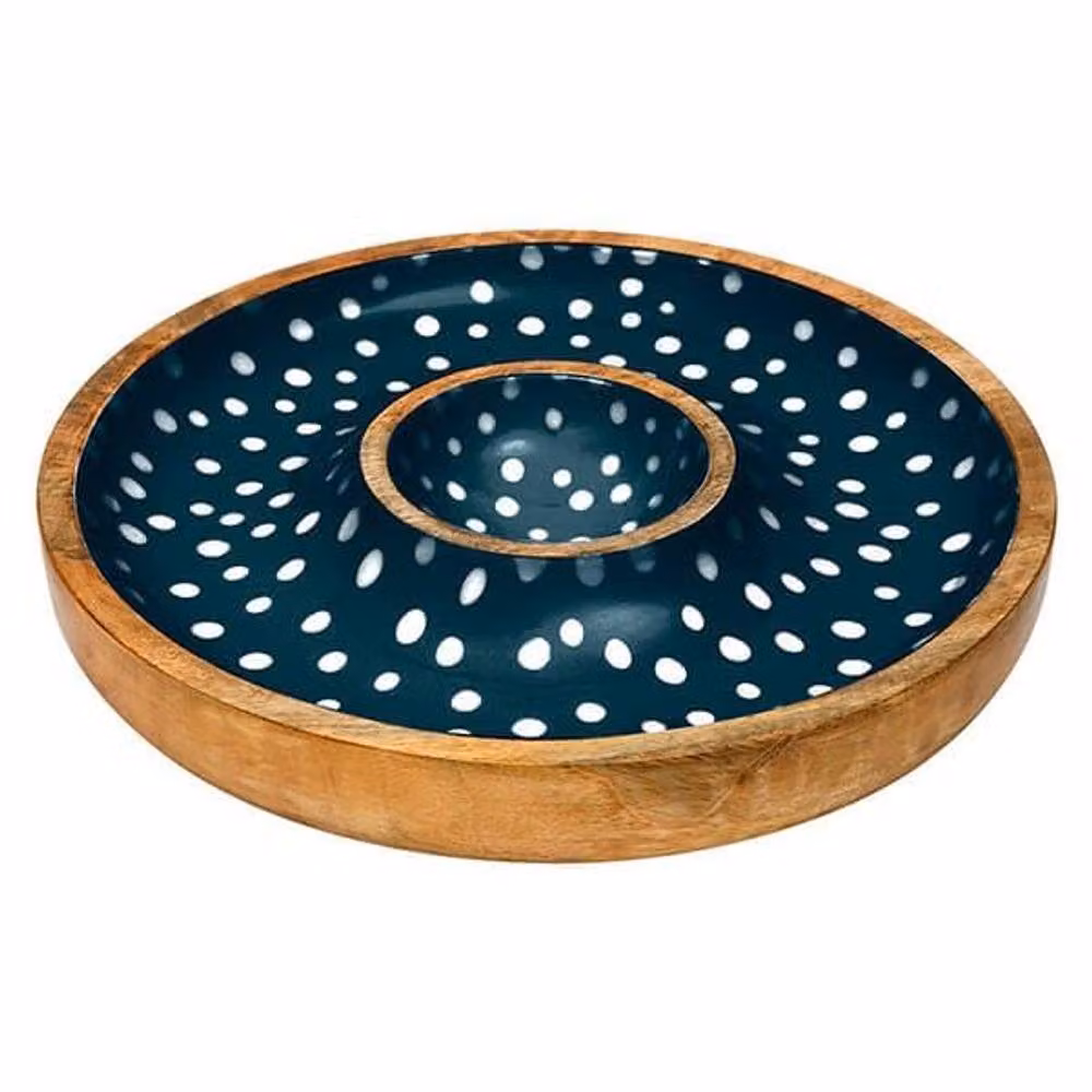 dexam Sintra Mango Wood Spotted Chip and Dip Serving Bowl in Ink Blue – 2
