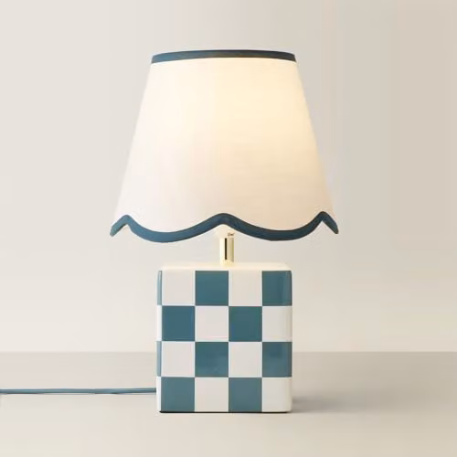 ValueLights Forest Green Cube Checkered Ceramic Table Lamp with Scallop Tapered Fabric Lampshade and LED Bulb Included – 1