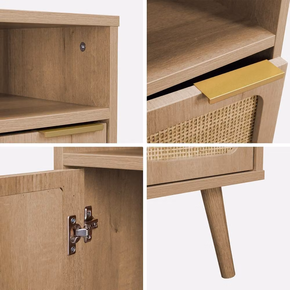 sweeek Wood and Rounded Cane Rattan Bedside Table in Light Brown – 3