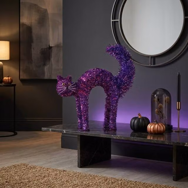 Garden Greatness Purple Tinsel Scaredy-Cat Halloween Tabletop Decor