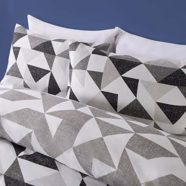 OHS Geo Shapes Reversible Duvet Cover and Pillowcase Set in Black and Grey, W: 140 cm, L: 200 cm