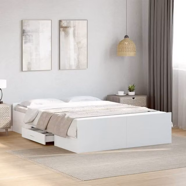 Berkfield Home Modern Bed Frame with Drawers in White, W/D/H: 140 x 190 cm