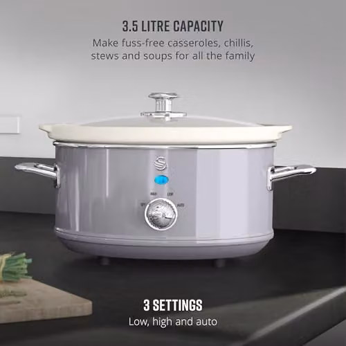 Swan Retro Slow Cooker with Keep Warm Function and Dishwasher Safe Parts, 3.5L, 200W, Grey – 4