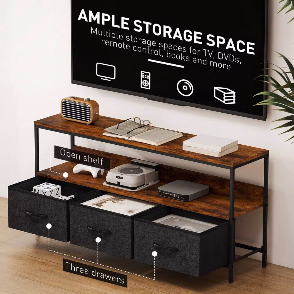 Wyld Haus Avasoro Industrial TV Storage Unit in Brown and Black with 3 Foldable Fabric Drawers, W: 120 cm, H: 56 cm, D: 29 cm – 5