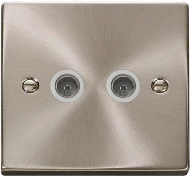 SE HOME White and Silver Satin Brushed Chrome 2 Gang Twin Coaxial Flush TV Socket with Plate