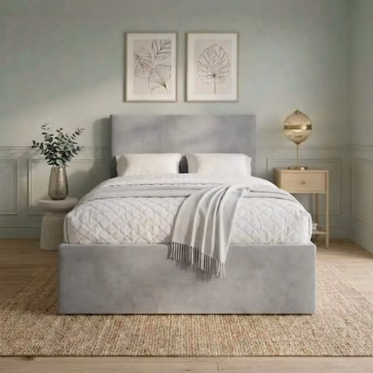 Bed Time UK Plush Divan Bed with 2 Drawers, 20" Plain Headboard and Hybrid Memory Mattress in Grey, Super King, W/D/H: 200 x 200 x 50.8 cm
