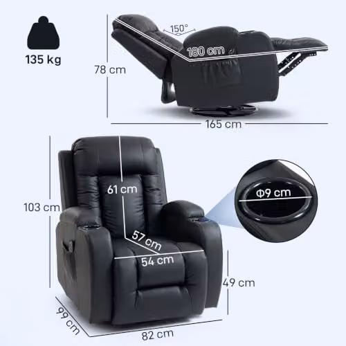 HOMCOM Black Faux Leather Recliner Armchair with Massage, Heat and Cup Holders – 3