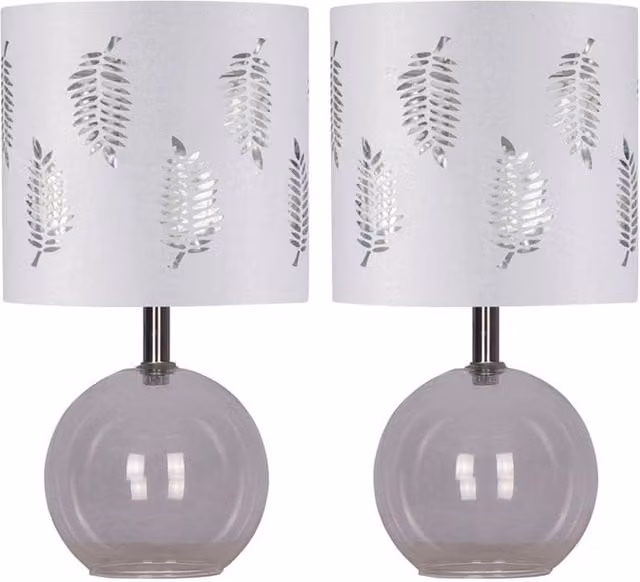 First Choice Lighting Set of 2 Buck Table Lamps with Clear Glass Globes and White Fern Fabric Shades