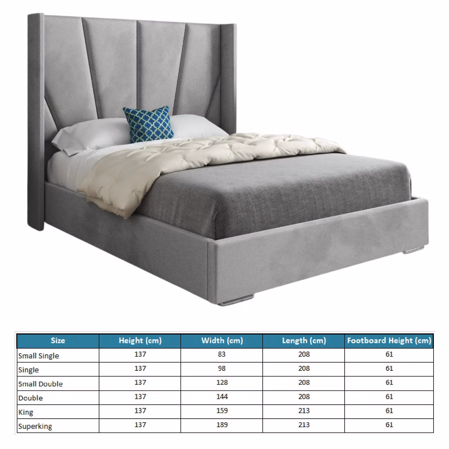 Casani Bellini Single Wide Curved Winged Upholstered Velvet Bed Frame in Grey, W/D/H: 90 x 200 x 137 cm – 4