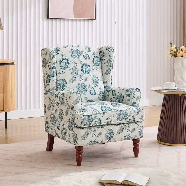 FURNITURE ONE Retro Green Fabric Wingback Armchair with Solid Wood Legs, H 96.0 x W 71.0 x D 75.0 cm