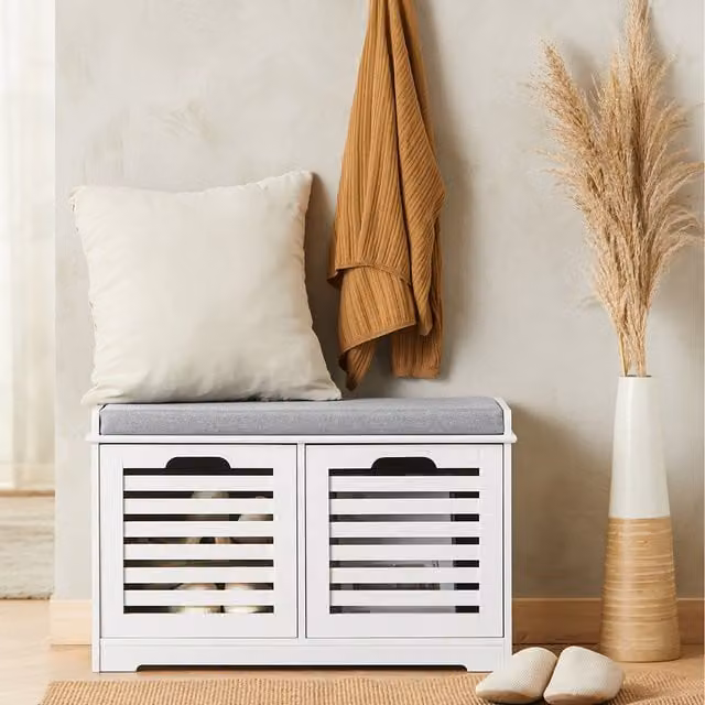 SoBuy Modern White Storage Bench with 2 Fabric Drawers