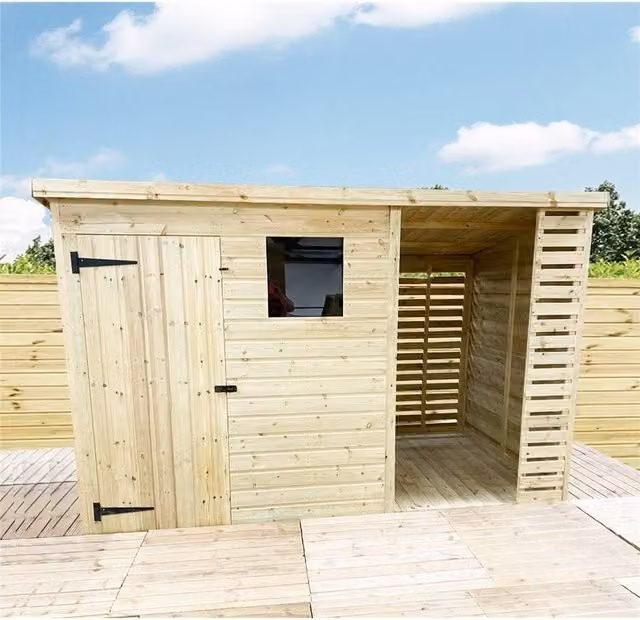 Marlborough Pressure Treated Pent Wood Shed with Storage Area in Natural