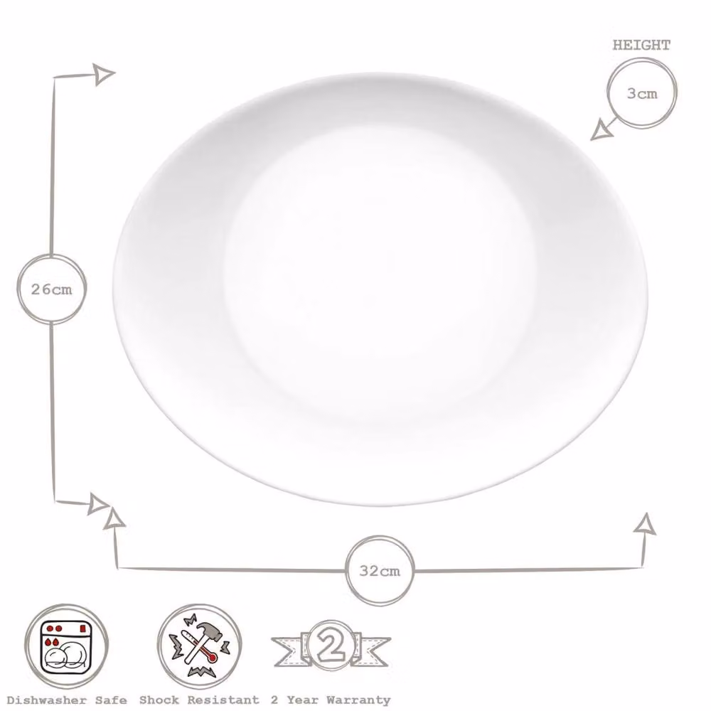 Bormioli Rocco Prometeo White Oval Glass Plates, Set of 6, Diameter: 32 cm