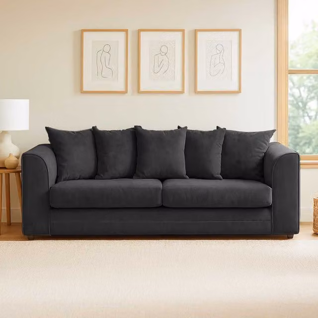 Furnishings For Less UK Casper 3 Seater Chenille Sofa with Scatter Back and Curved Arms in Black