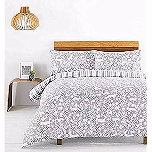 YOULEY Scandi Woodland Animal Flannelette Cotton Duvet Cover and Pillowcase Set, Grey, W/D/H: 260 x 220 cm