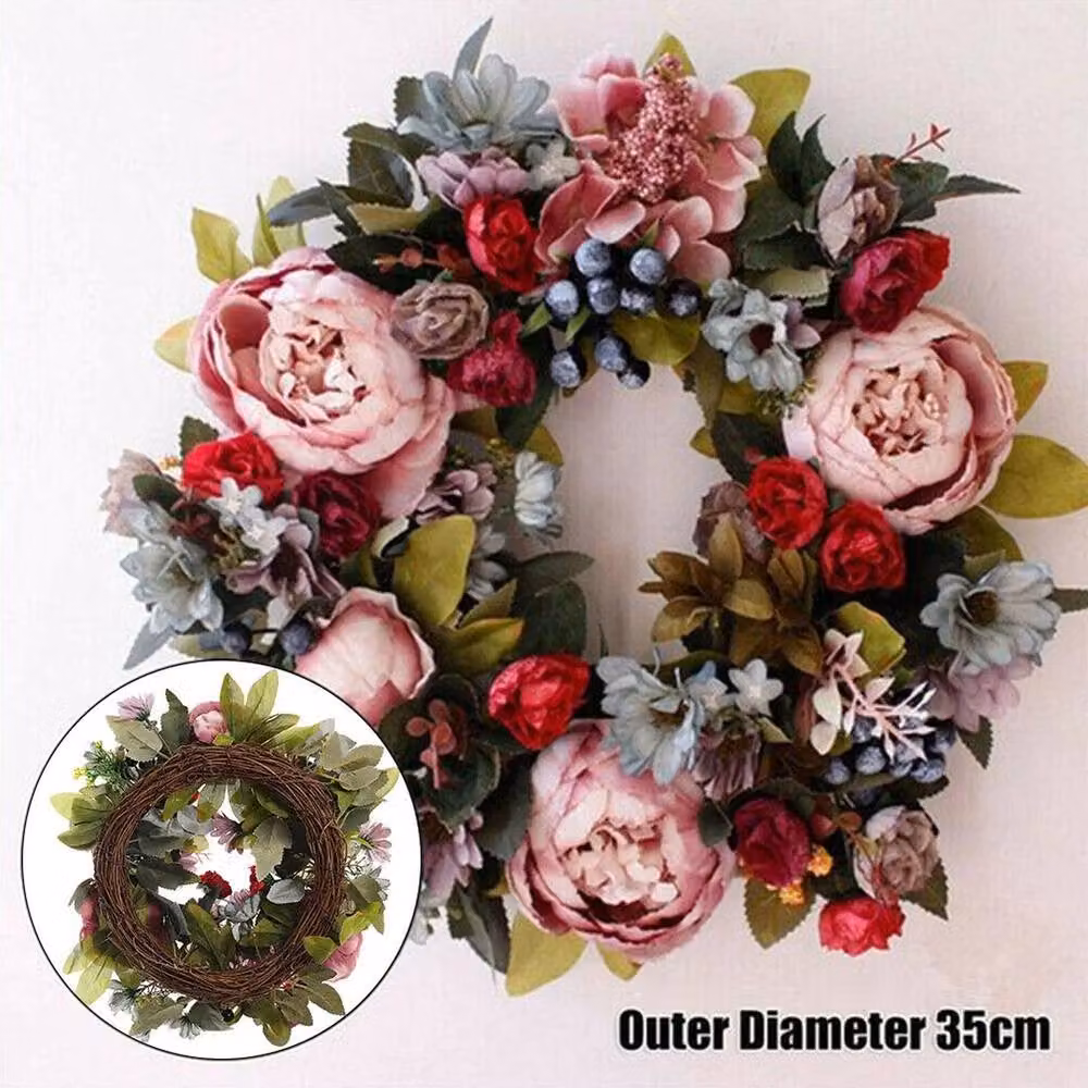 NESTLUNE Multicolour Artificial Peony Flower Wreath with Rattan and Textile Leaves, Diameter: 100 cm, Width: 15 cm – 6