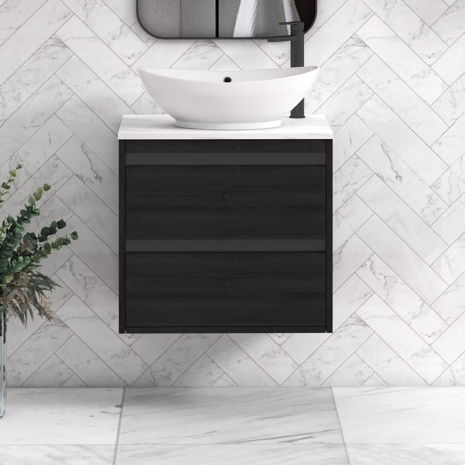 Royal Bathrooms Orion 800mm Hale Wall Hung Vanity Unit in Black with Carrara White Amaze Basin and Black Accent Trim