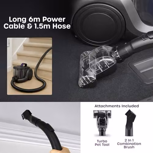 Swan Dustmaster Bagless Cylinder Vacuum Cleaner with HEPA Filter, 2-in-1 Motorised Brush, Extension Pole and Hard Floor Nozzle, Purple and Titanium, SC15840 – 8