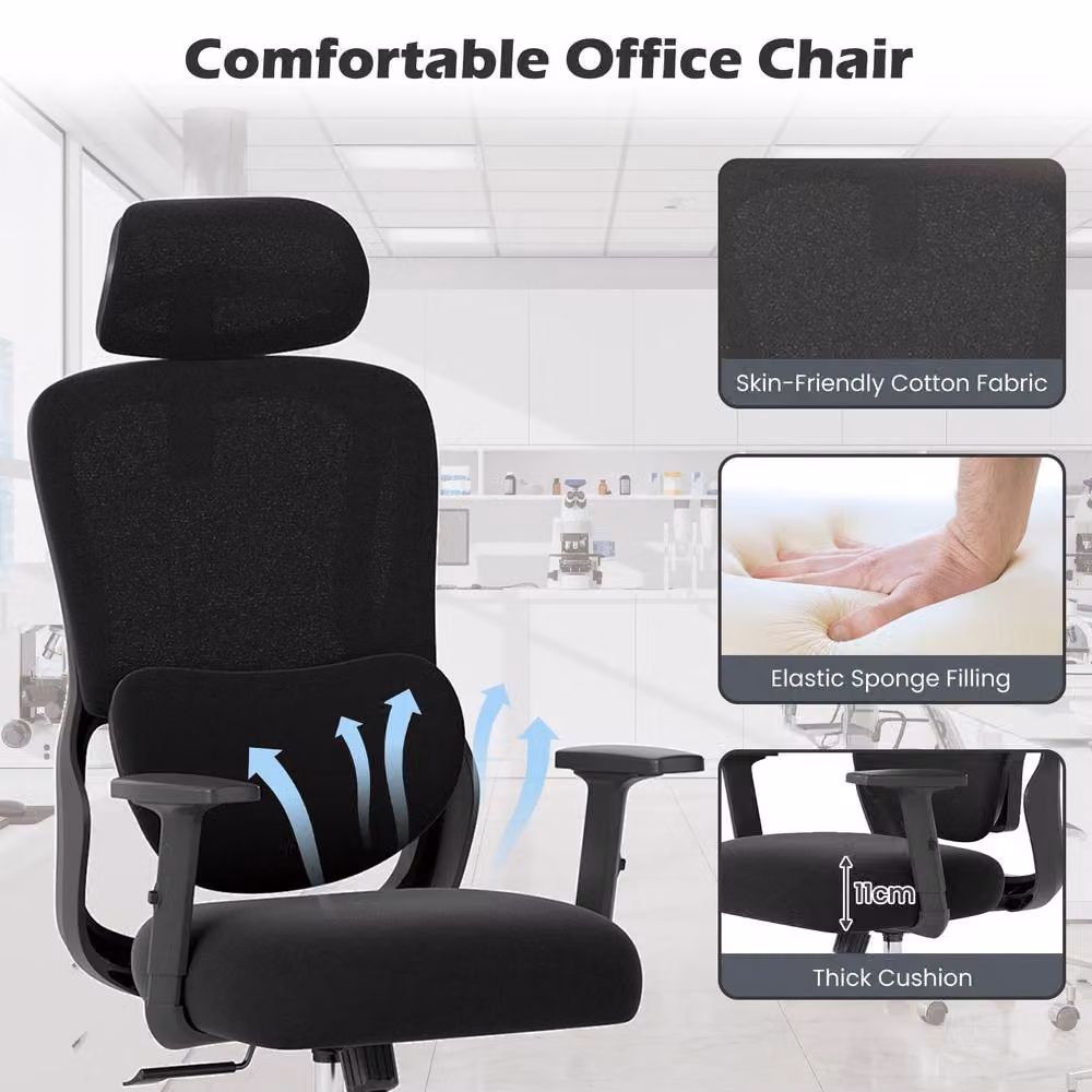 Gymax Ergonomic High Back Office Chair with Headrest, Lumbar Support and Armrests in Black Fabric – 2