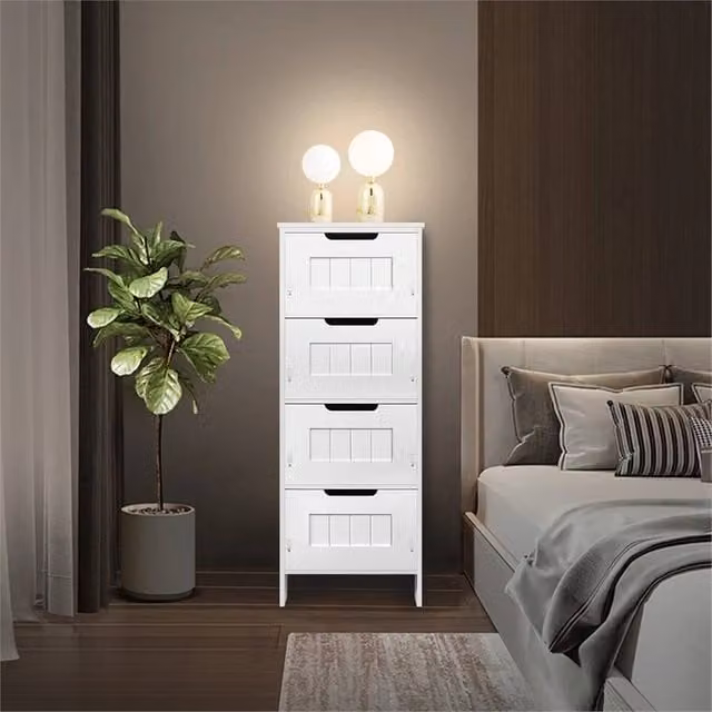 Nordara Modern White Wood Bathroom Cabinet Storage Unit with 4 Drawers