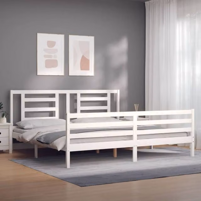 Berkfield Home Beautiful Solid Wood Bed Frame with Headboard in White, Super King Size