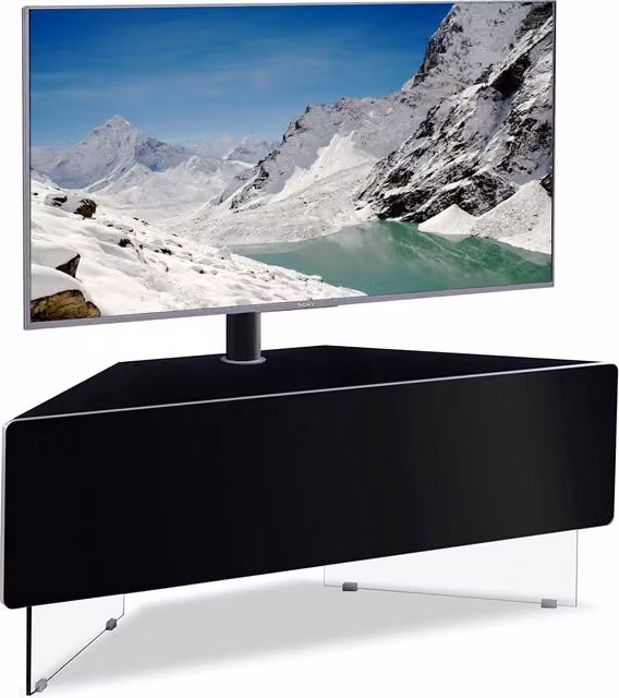 MDA Designs Antares Modern Glossy Black Corner TV Cabinet with Glass and Metal Details W/D/H: 140 x 45 x 51 cm